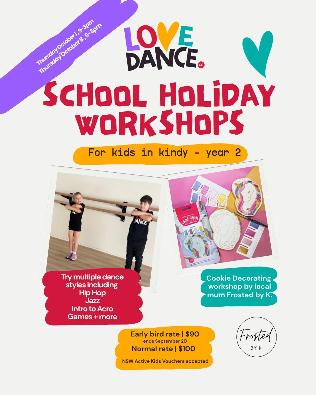 Our Love Dance Co. school holiday workshops are live! 🎉⁠
⁠
Join  Chloe and The Love Dance Co team and Katarnya from Frosted by K for a day of dance, games, cookie decorating and most importantly - fun!⁠
⁠
Bookings (and more details) now live on our 