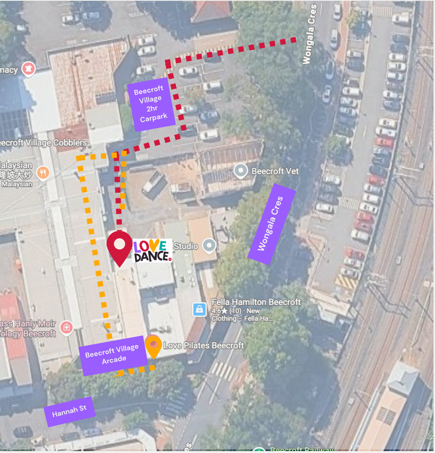 An aerial map of Beecroft, showing a route from Hannah Street through Beecroft Village Arcade, passing Love Pilates Beecroft, and continuing onto Wongala Crescent, with various parked cars and nearby landmarks including Beecroft Vet and Fella Hamilton Beecroft.