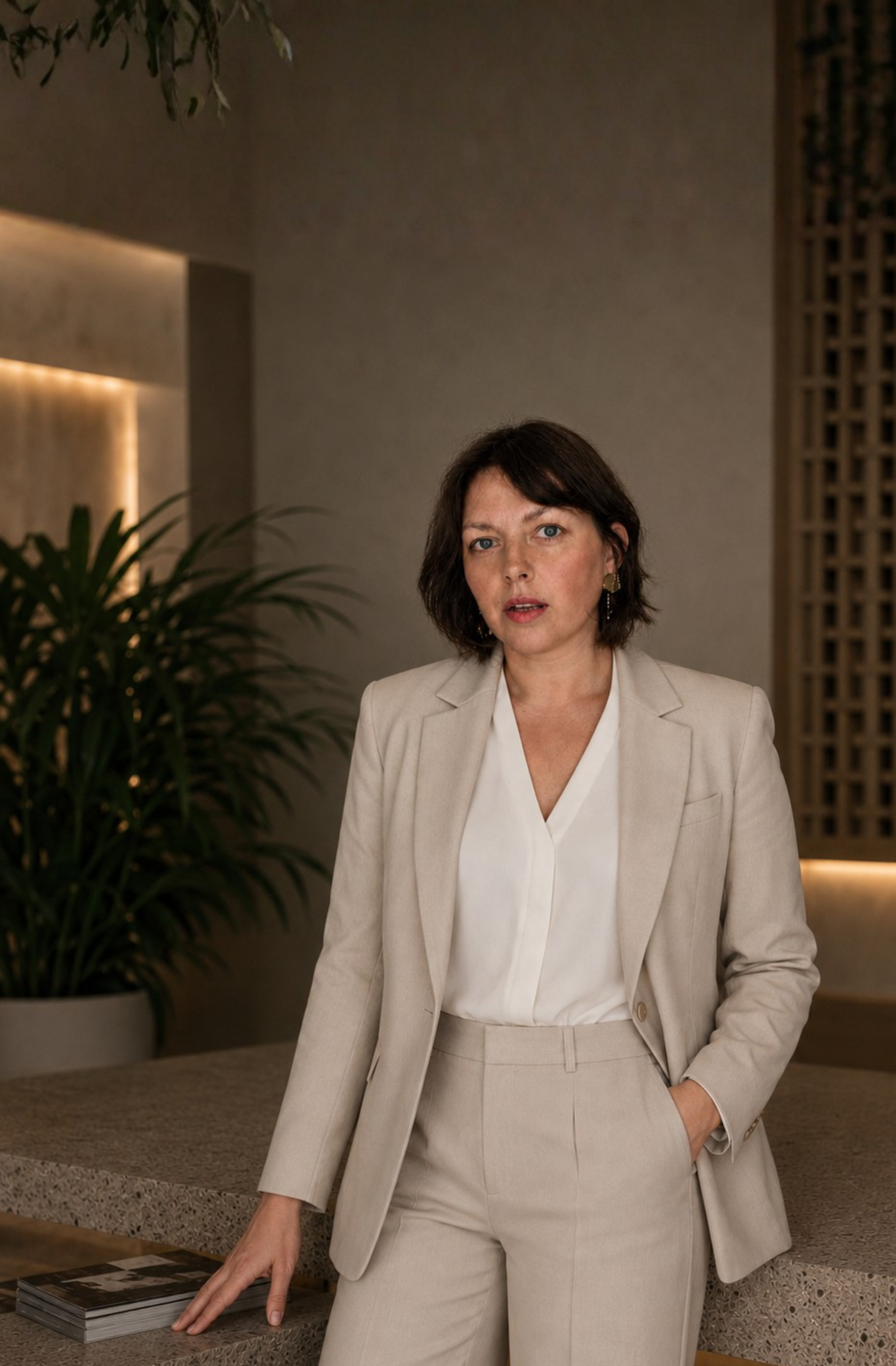 Mujer de cabello castaño oscuro con blusa blanca, saco y pantalón beige, de pie en un espacio con plantas y paredes de colores neutros, apoyando su mano en una mesa con revistas.