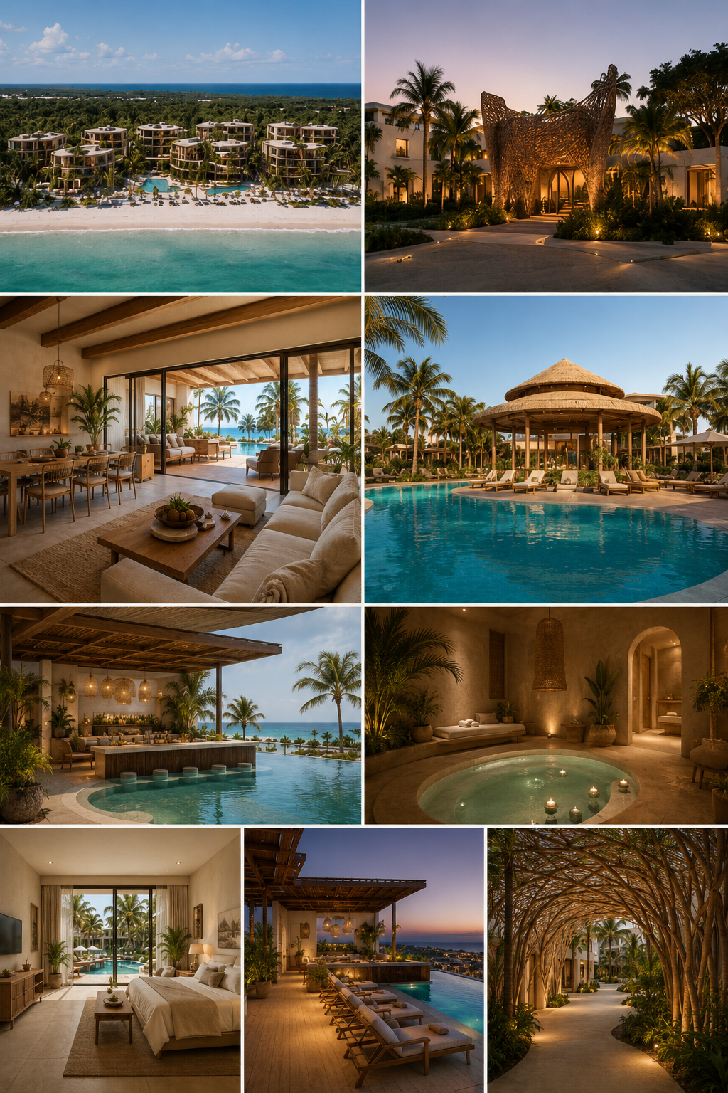 Collage of luxurious tropical resort features: aerial view of beachfront villas, decorative entrance at sunset, indoor living space with ocean view, swimming pool with thatched gazebo, outdoor dining area with ocean view, indoor spa room with candlelit tub, bedroom with balcony overlooking the sea, rooftop pool and lounge area, shaded archway pathway lined with trees.