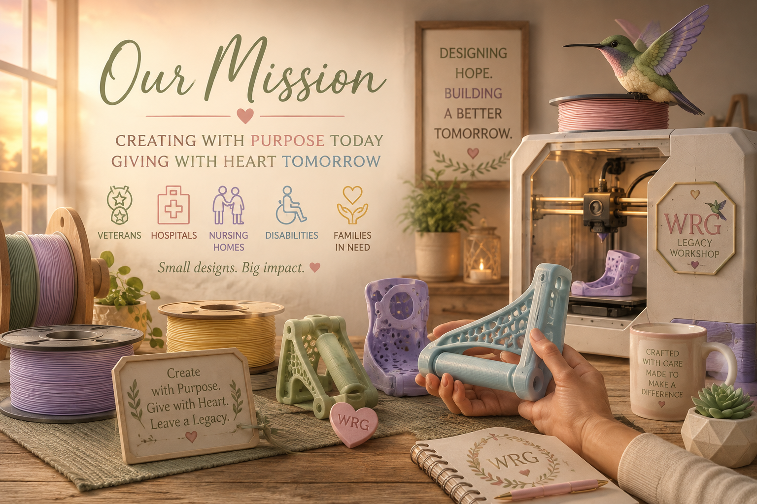 Crafting workshop workspace with 3D printed items, spools of filament, a 3D printer, a mug, and motivational signs promoting purpose and legacy.