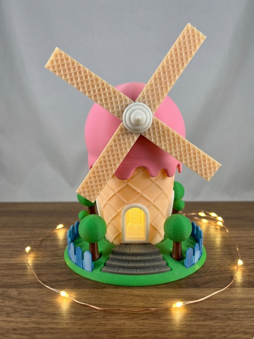 Small decorative windmill house with pink roof, beige walls, green trees, blue fence, gray steps, and a yellow door, surrounded by a string of small lights. Design credit to PA1_Maker.