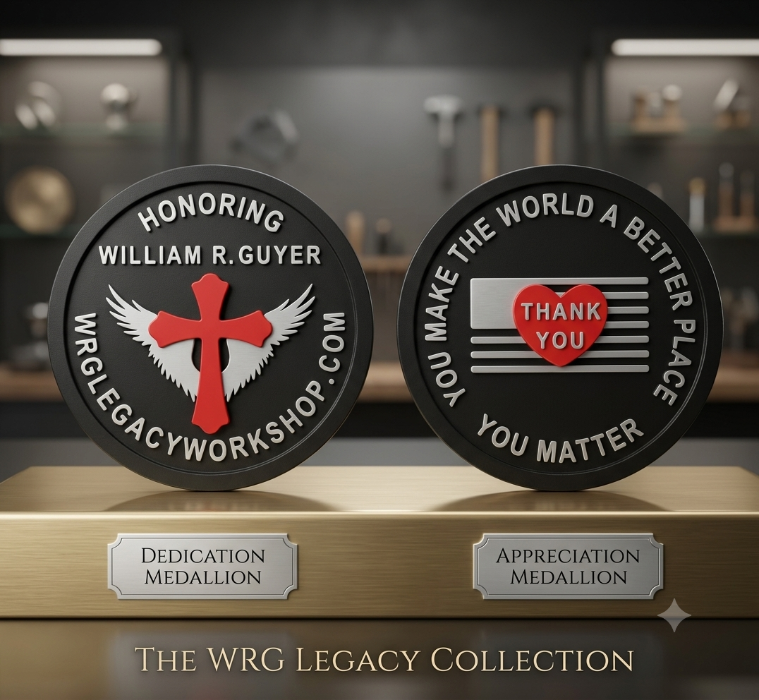 Two black medallions on a wooden plaque; the left one is a dedication medallion with a red cross with wings and text honoring William R. Guyer, and the website wrglegacyworkshop.com; the right one is an appreciation medallion with a red heart and the words "Thank You" and the phrase "You make the world a better place. You matter" circle surrounding it; the medallions are part of the WRG Legacy Collection.