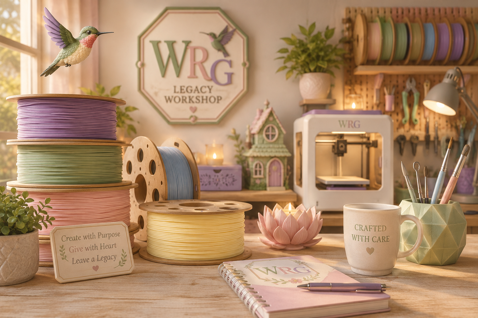 WRG Legacy Workshop crafting space with pastel filament spools, a 3D printer, handmade 3D printed items, and inspirational workshop decor.