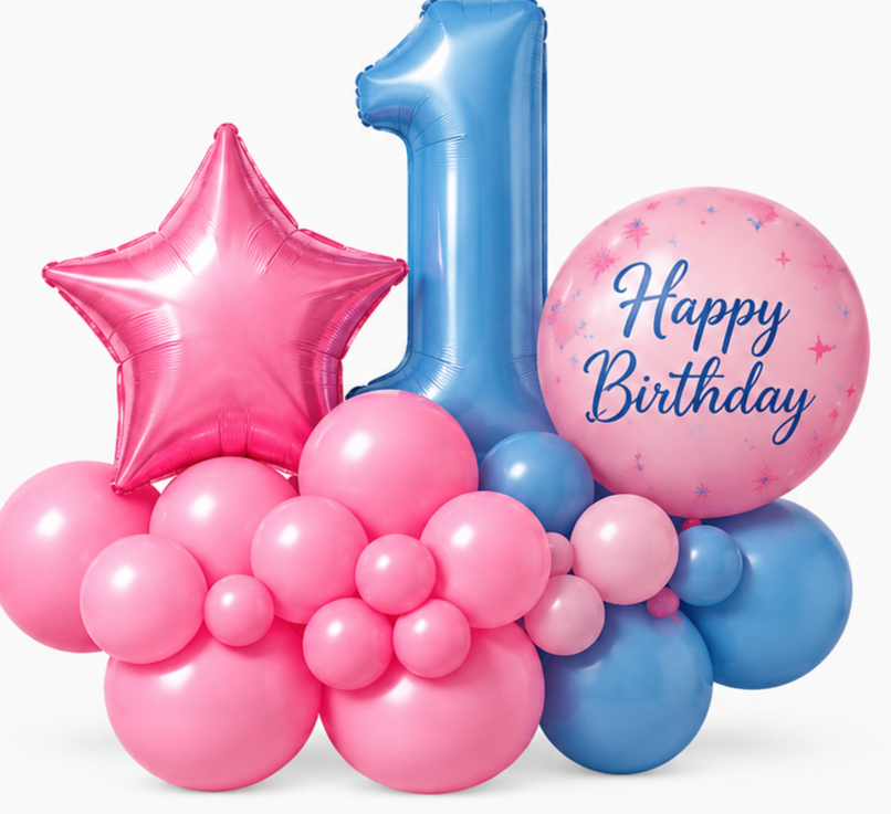 Pink and blue balloons, including a large blue number one, a pink star-shaped balloon, and a round pink balloon with 'Happy Birthday' written on it, arranged in a decorative display.