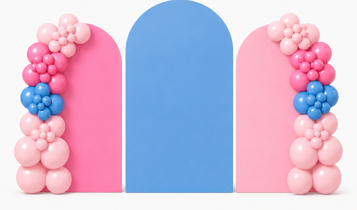 Cute pastel balloon arch with pink, blue, and white balloons over pink and blue geometric arches.