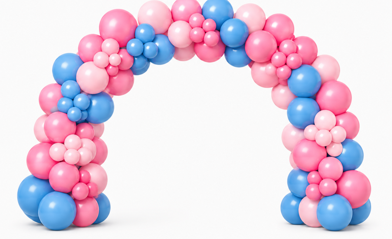 Arch made of pink, blue, and light pink balloons.