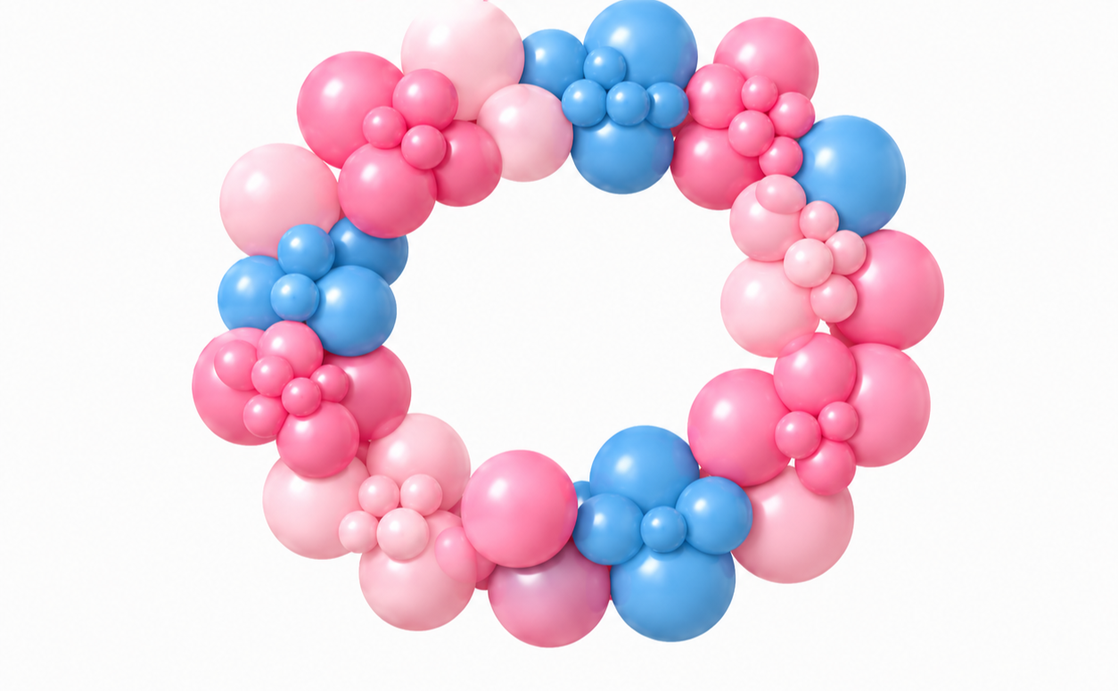 Colorful balloon wreath with pink and blue balloons on a white background.