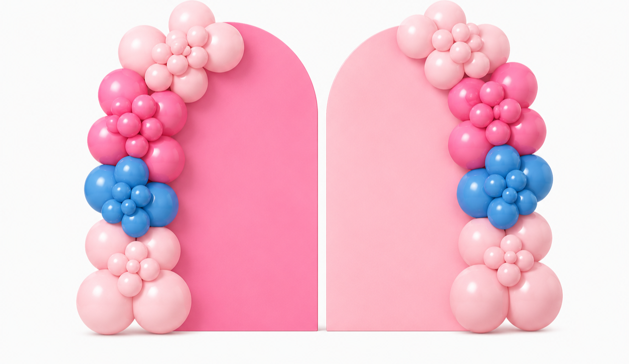 Decorative background with pink, blue, and light pink balloons arranged around two pink panels.