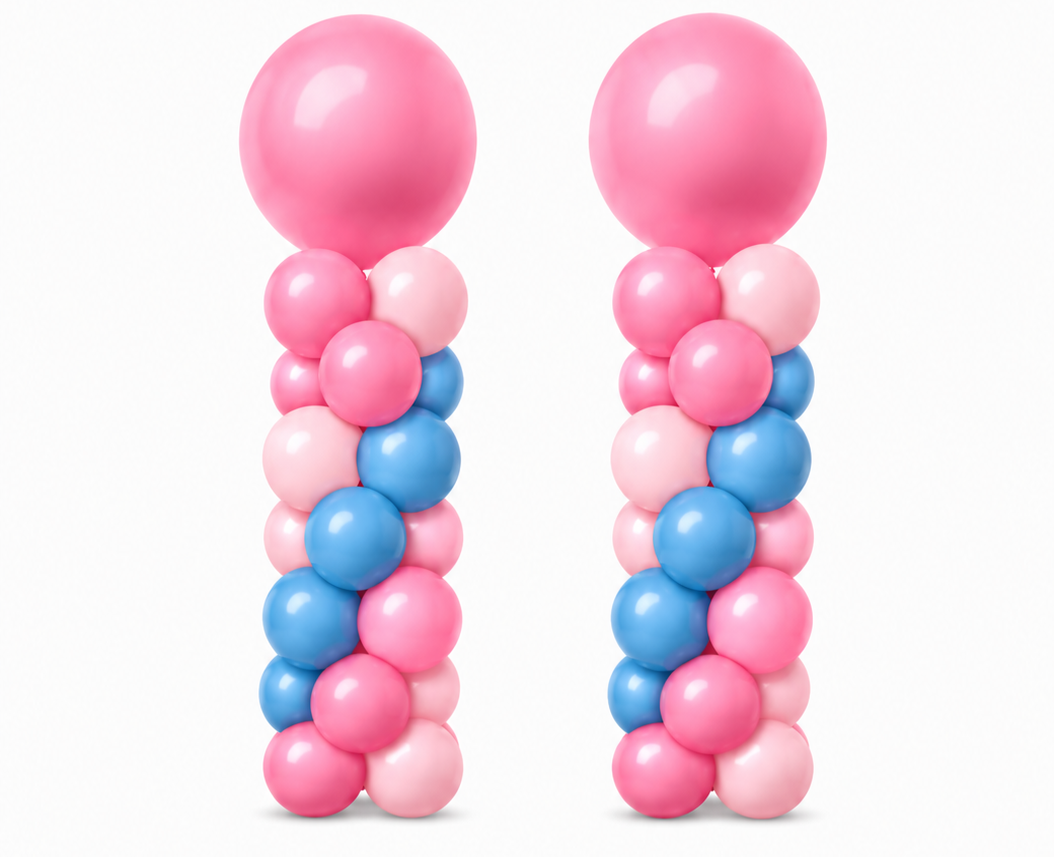 Two vertical columns of pink, blue, and white balloons of various sizes, with large pink balloons at the top, on a white background.