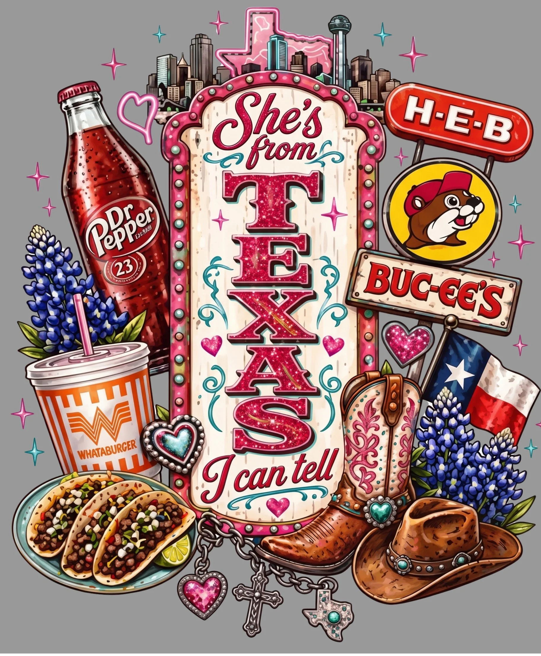 Colorful collage of Texas-themed t-shirt. Includes a sign that says "She's from Texas I can tell" surrounded by Texas state outline, cityscape, H-E-B sign, Dr. Pepper bottle, bluebonnets, tacos, cowboy boots, jewelry, and heart-shaped charms.