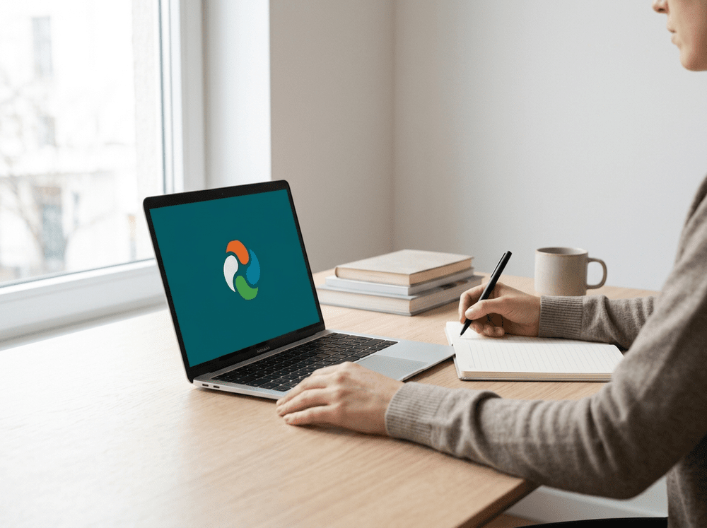 Woman working through Aligned + Activated on her laptop at the kitchen table