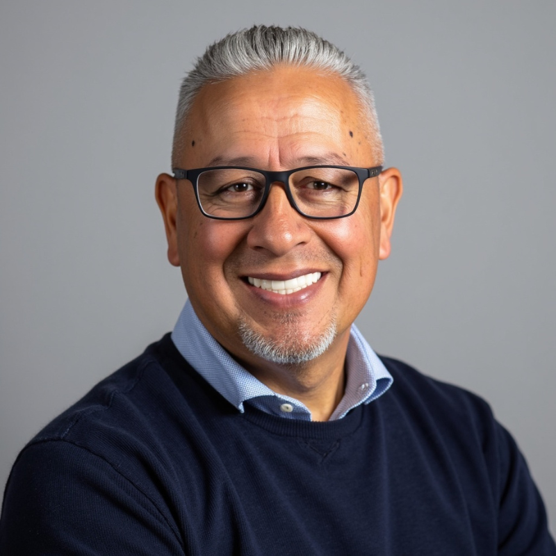 Close-up portrait of a middle-aged man with gray hair, glasses, and a smile, wearing a dark sweater over a collared shirt, against a plain gray background.