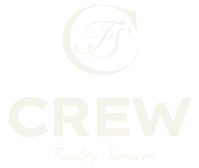 Logo with a stylized 'F' inside a circle above the words 'CREW Facility Services' in white on a black background.