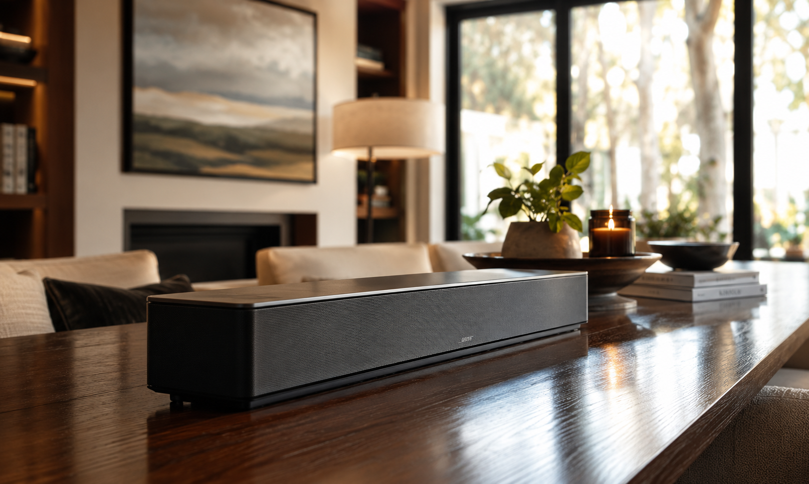 A modern living room with a black soundbar on a wooden dining table, a plant in a pot, a candle, and a stack of books, with a large window showing trees outside.