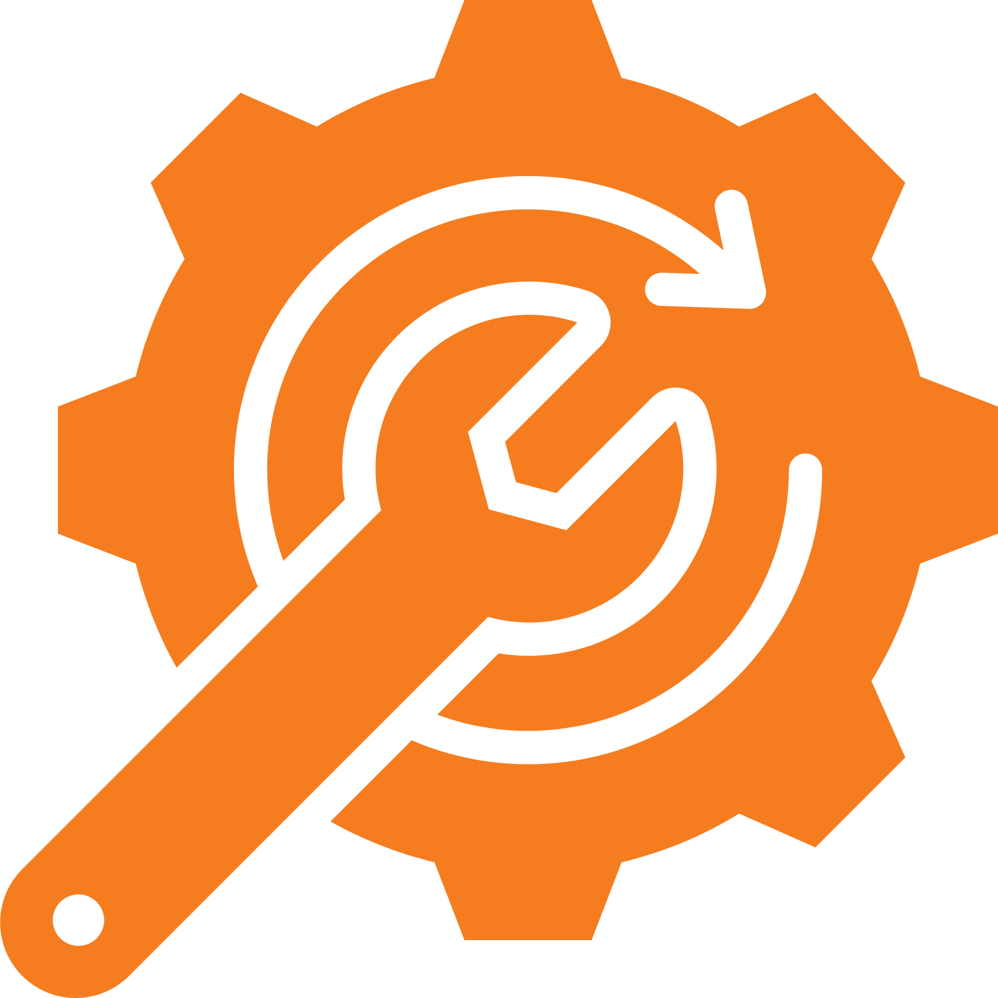 Orange gear with a black hand pointing to an inner circle.