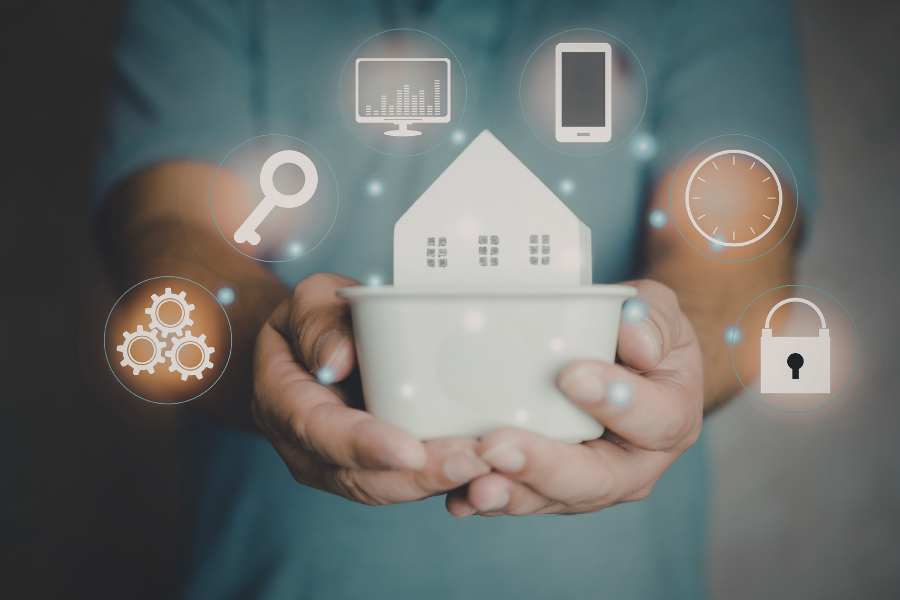 Person holding a white pot with a house model inside, surrounded by icons representing data, search, gears, smartphone, clock, and lock.