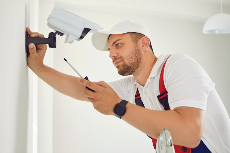 A man wearing a white baseball cap, white shirt, and red suspenders is installing or inspecting a security camera mounted on a white wall, holding a screwdriver in one hand and the camera with the other.