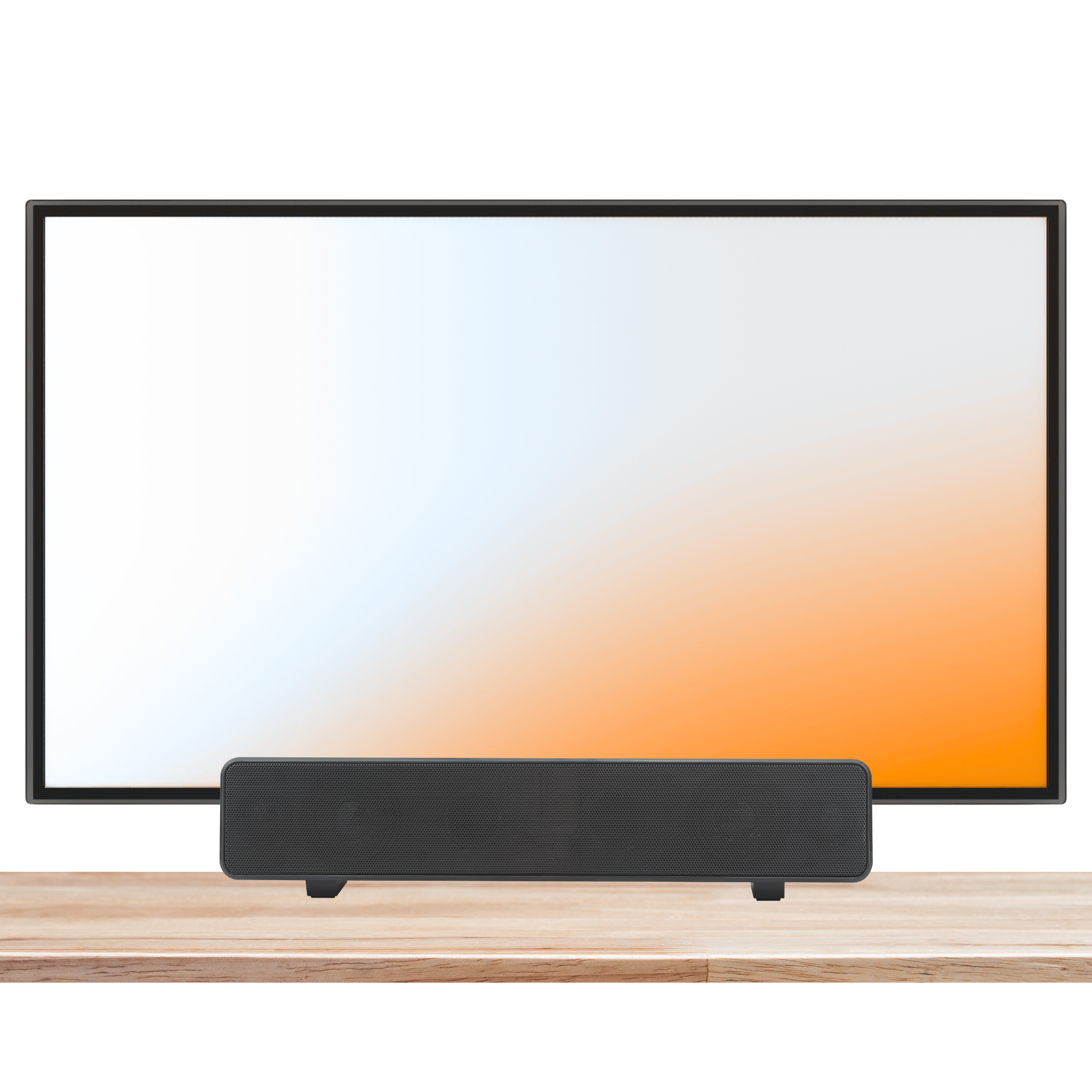 Close-up of a flat-screen monitor with a black frame and white screen, placed on a wooden surface.
