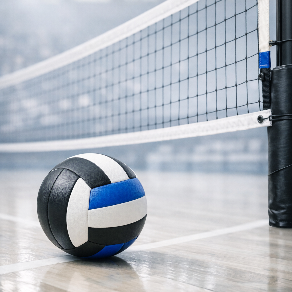 A black, white, and blue volleyball rests on an indoor gym floor near a volleyball net post.