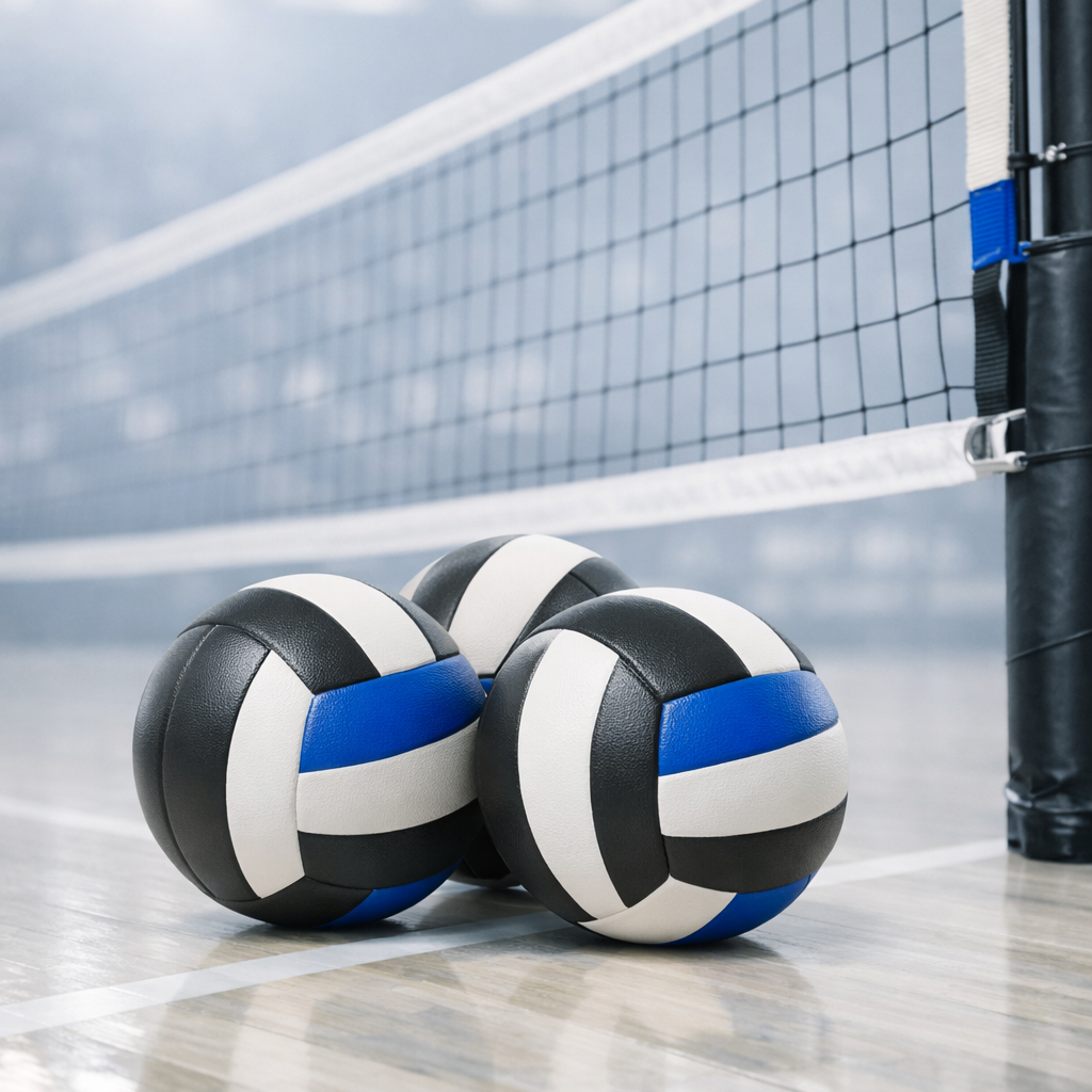 Three volleyballs in black, white, and blue colors are stacked near a volleyball net on an indoor court.