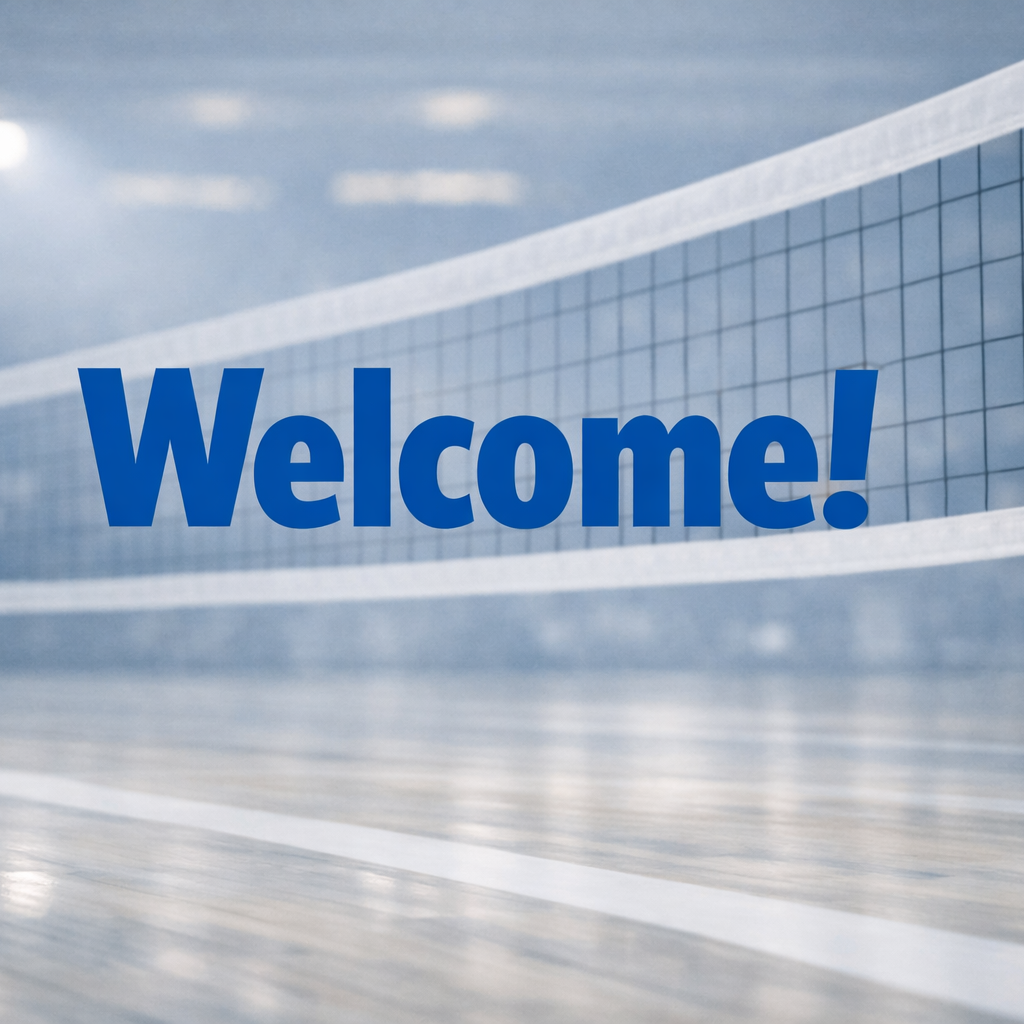 Indoor volleyball court with a net and a blue 'Welcome!' sign.