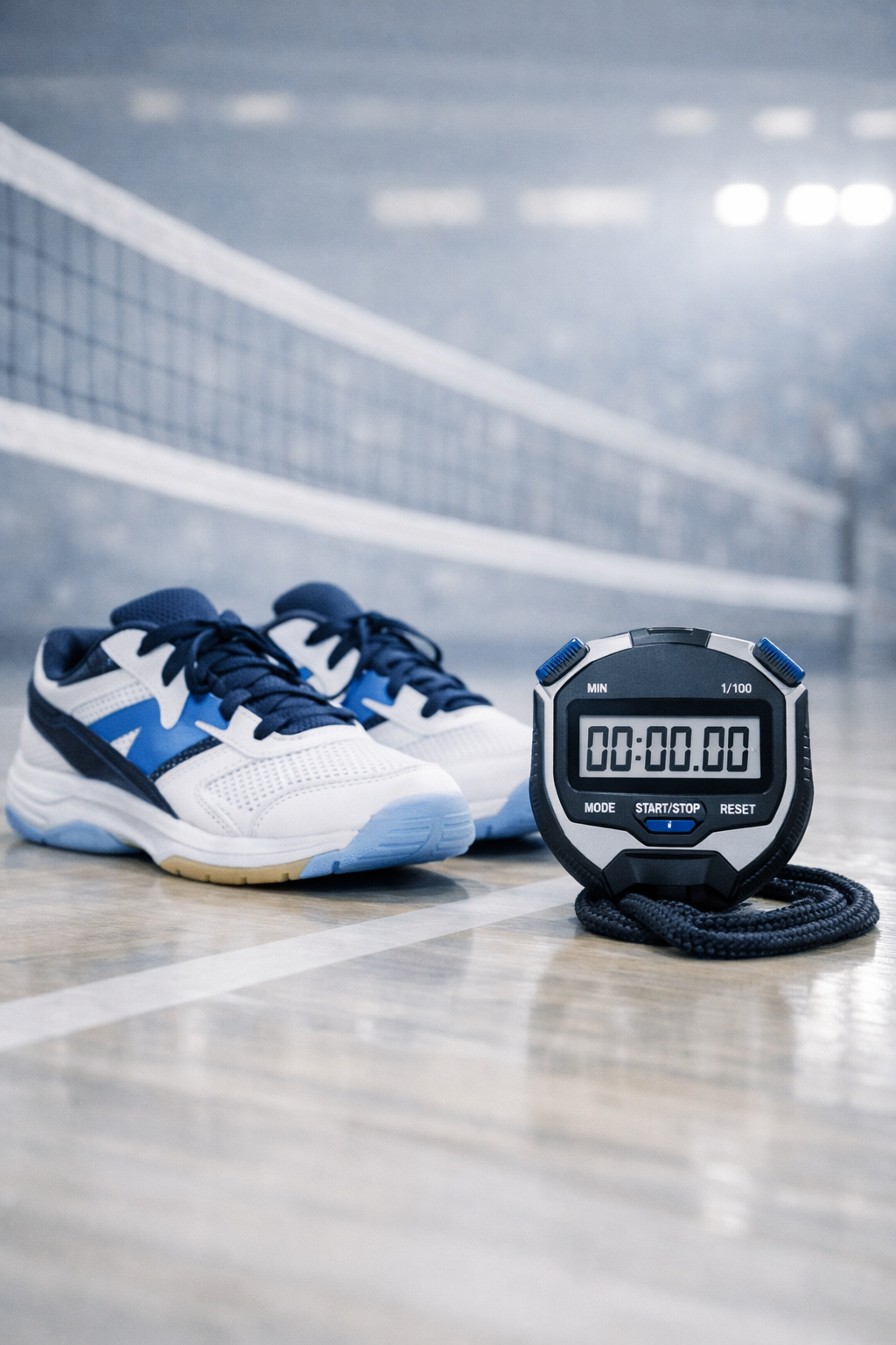 Pair of athletic shoes and a stopwatch on a gym floor near a volleyball net.