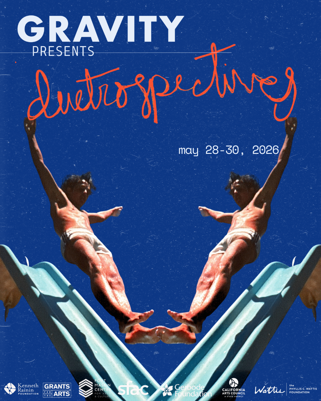 Promotional poster for 'Autorepecting' event presented by Gravity, scheduled for May 28-30, 2026. The poster features a mirrored image of a person sliding down a waterslide, with a blue background and event logos at the bottom.