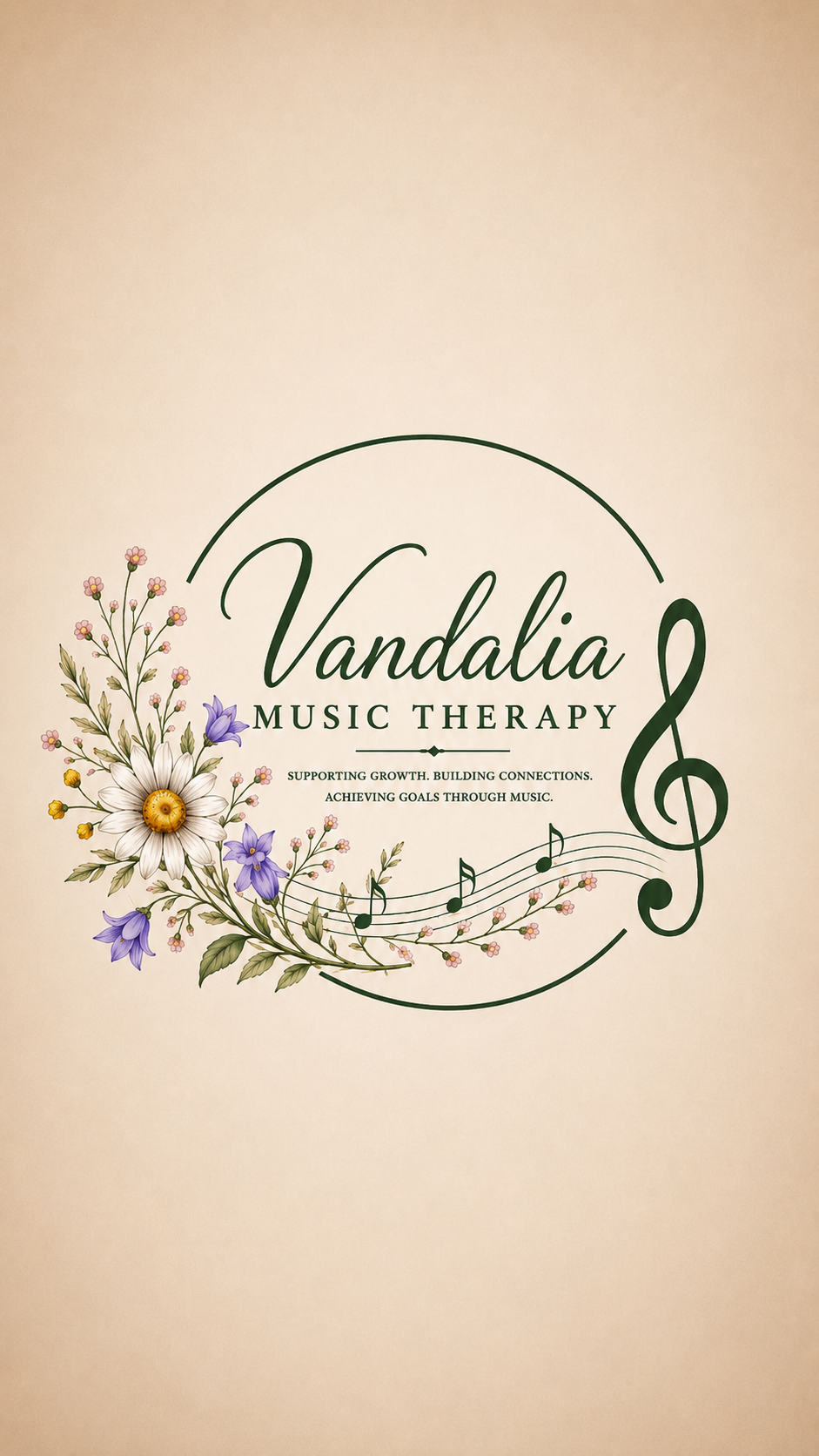 Vandalina Music Therapy logo with floral design, musical notes, and a treble clef.