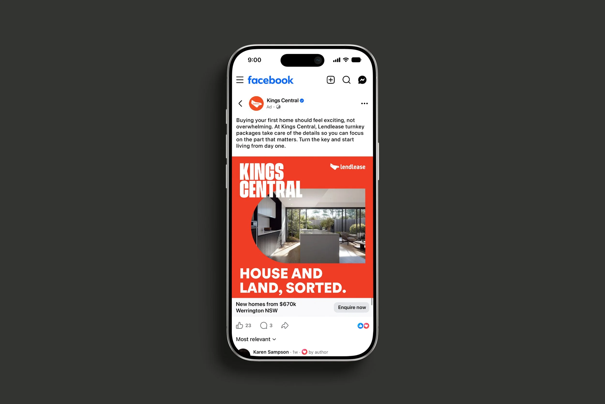 A smartphone displaying a Facebook advertisement for Kings Central real estate in Warrington, NSW, featuring a modern interior of a house with large windows and contemporary furniture.