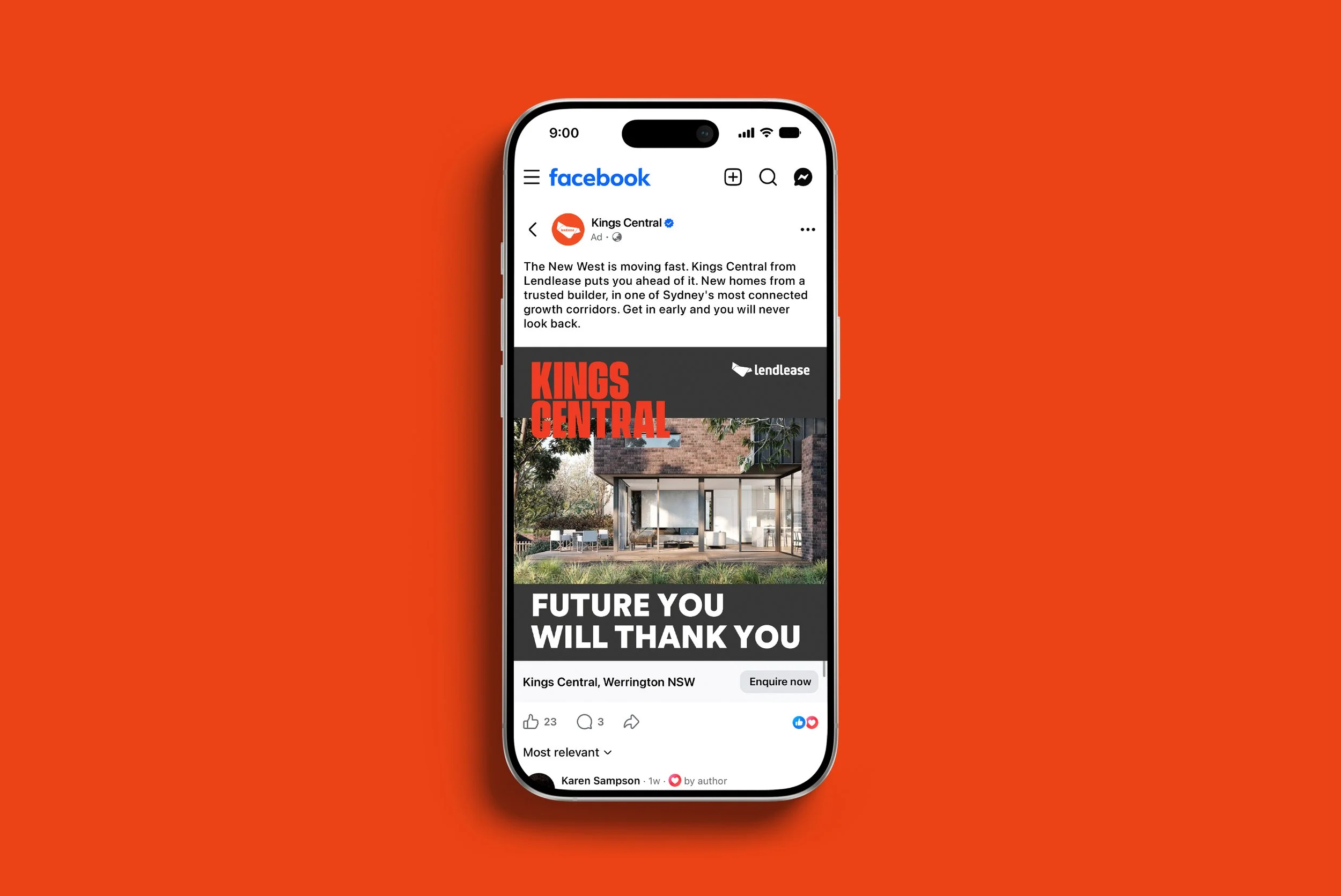 A smartphone displaying a Facebook ad for Kings Central real estate development in Werrington, NSW, featuring a modern house with outdoor seating