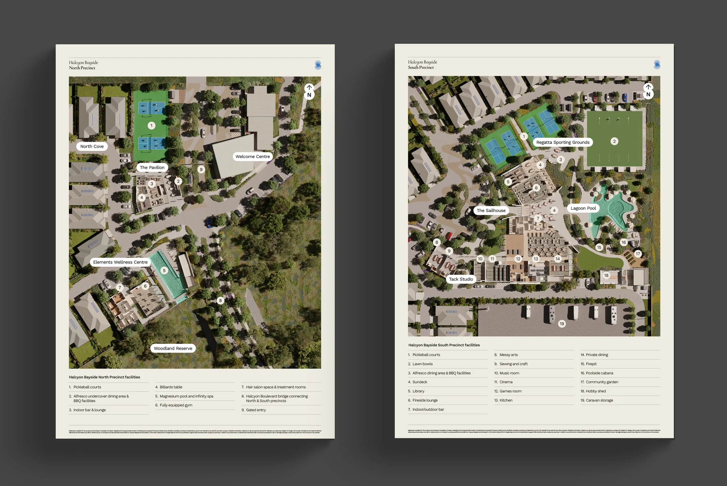 Landscape layout plans of Halcyon Bayside community, including coastal features, residential areas, and community facilities like sporting grounds, pools, and parks, with labeled key features.