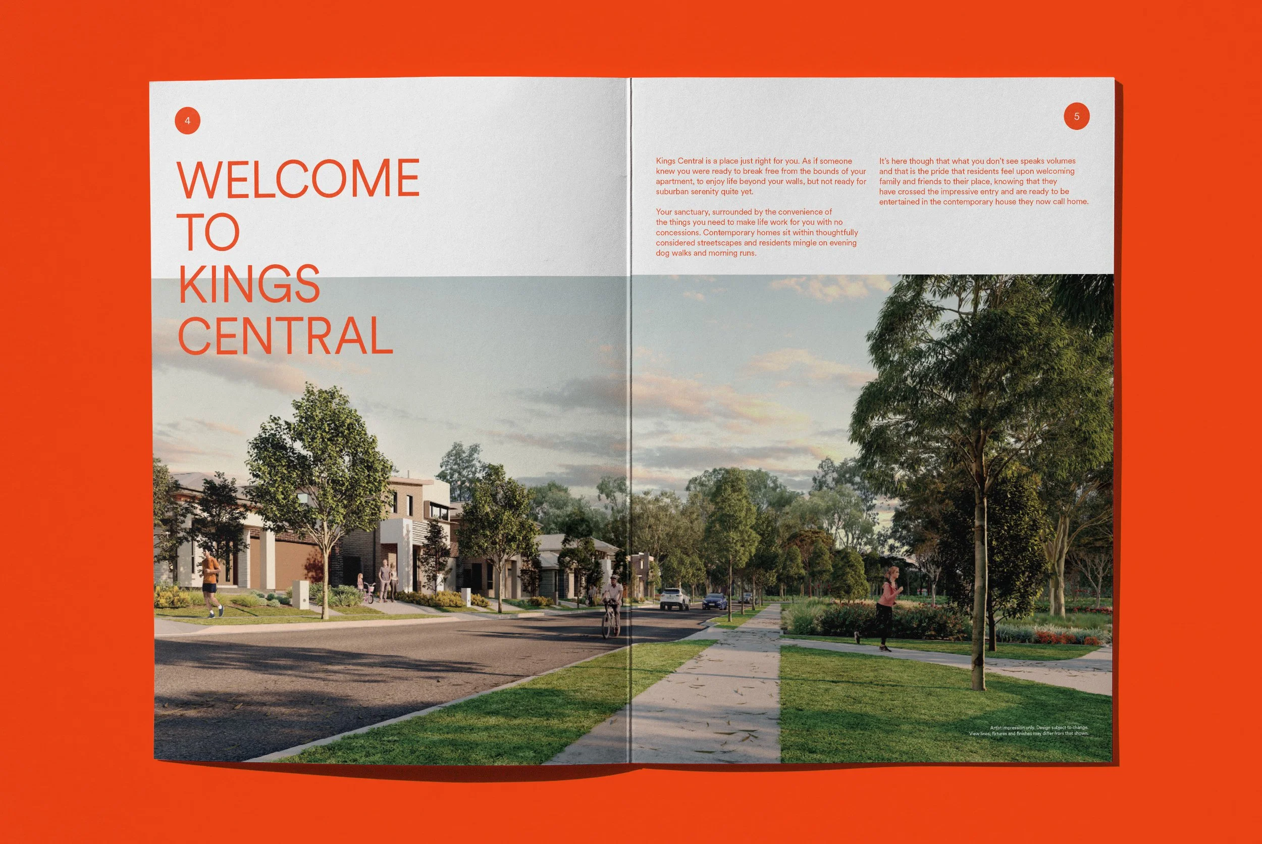 A brochure or magazine spread displaying an artist impression of a residential neighborhood called Kings Central. The image shows modern houses with people walking and cycling along tree-lined sidewalks under a partly cloudy sky.