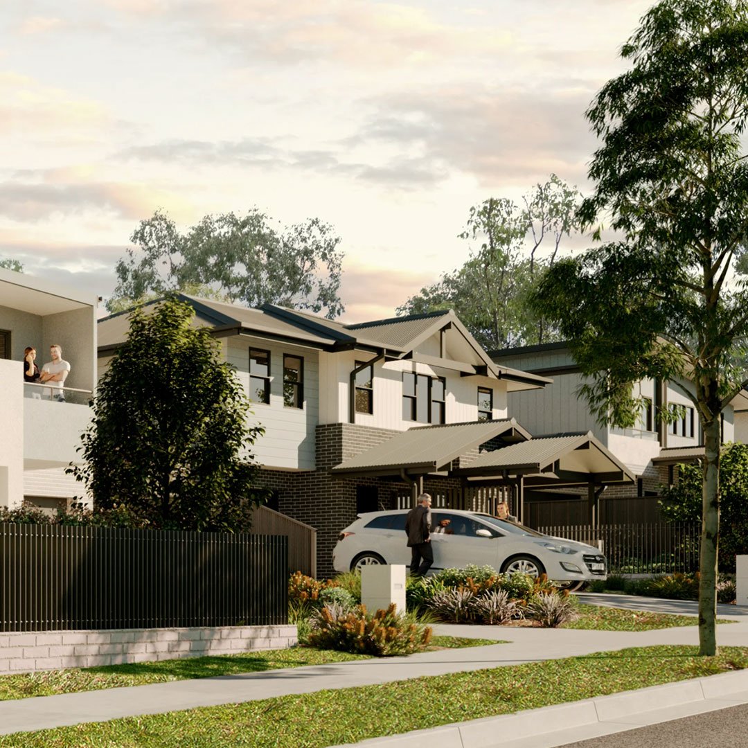 Modern suburban house with a man standing outside talking on his phone, a silver car parked in the driveway, and two people on the balcony of a neighboring house.
