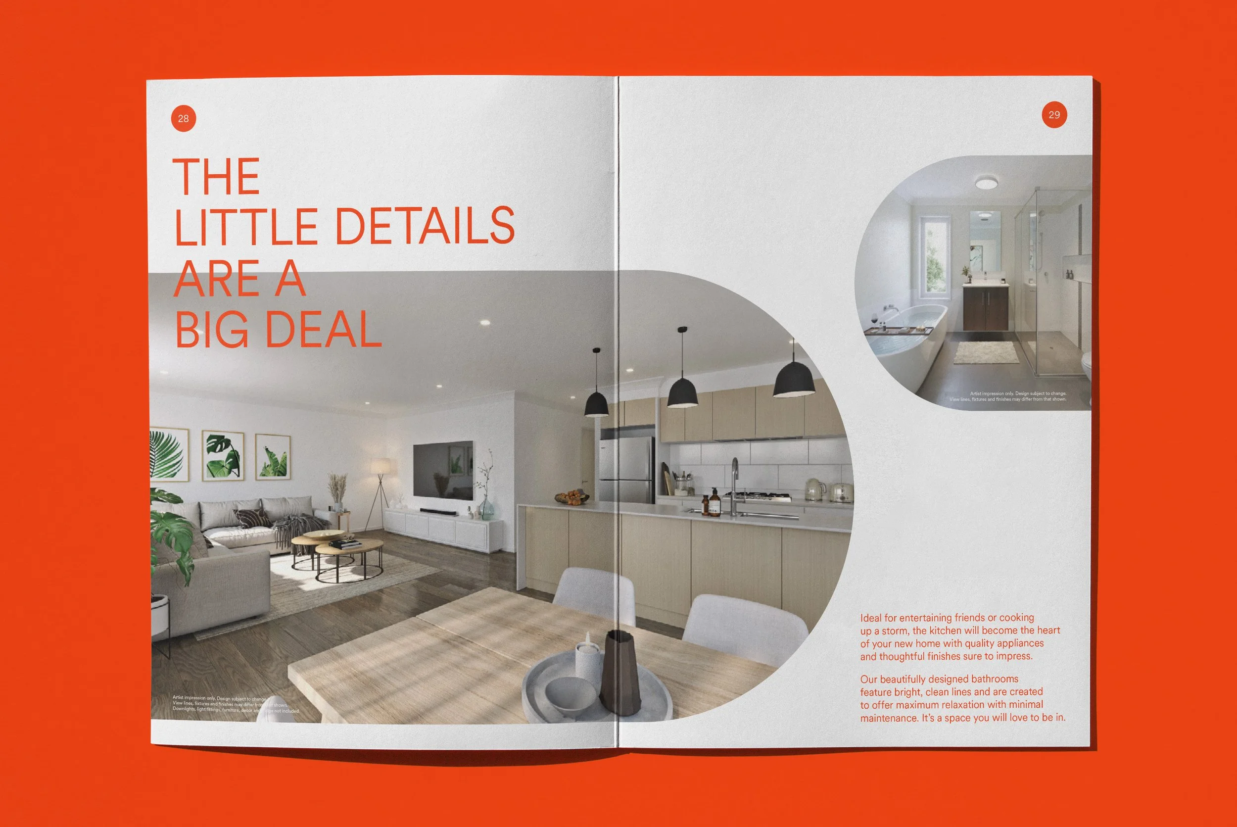 Open magazine with interior home decor and design images, featuring living room and kitchen, on an orange background, pages numbered 28 and 29.