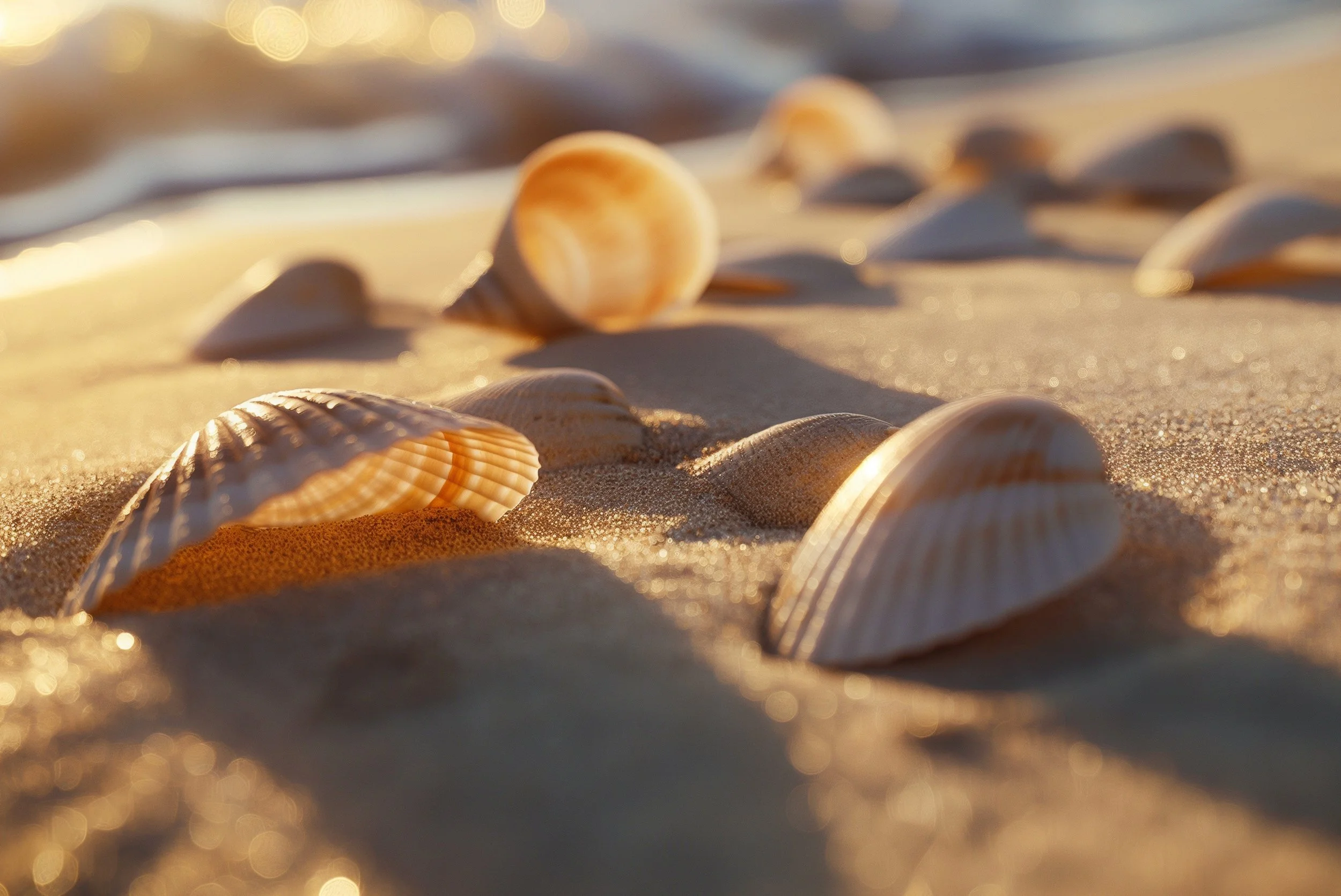 Close-up of seashells on a sandy beach during sunset.