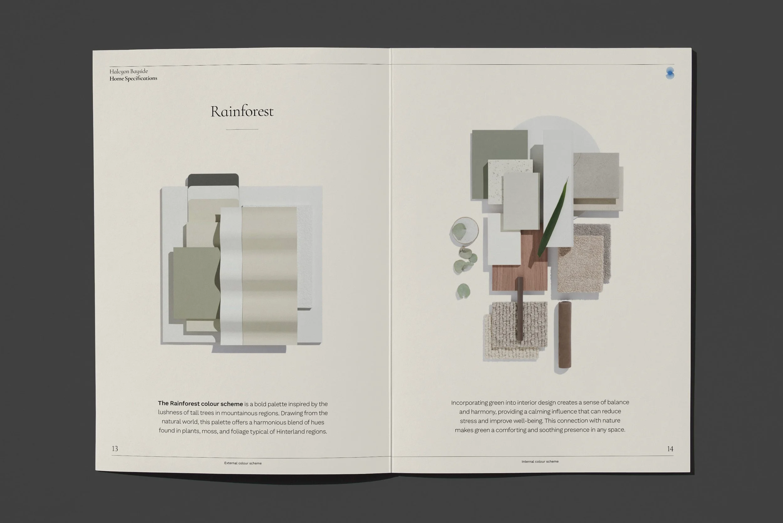 Open magazine showing a design concept for a rainforest-inspired home, including interior and exterior visual schemes with color palettes and material samples.