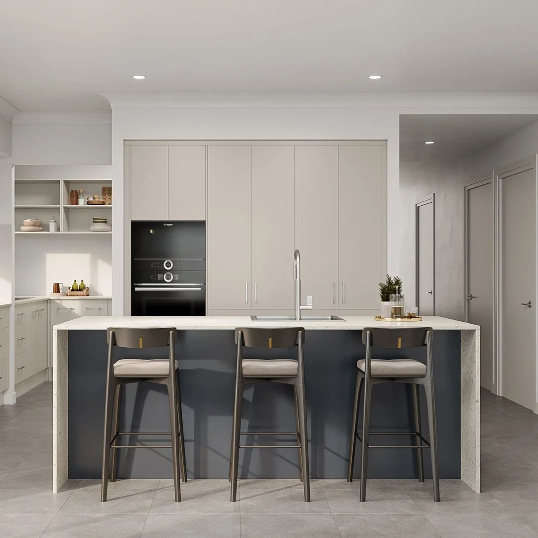Modern kitchen with white cabinets, a kitchen island with a dark blue base, three bar stools, and built-in appliances.