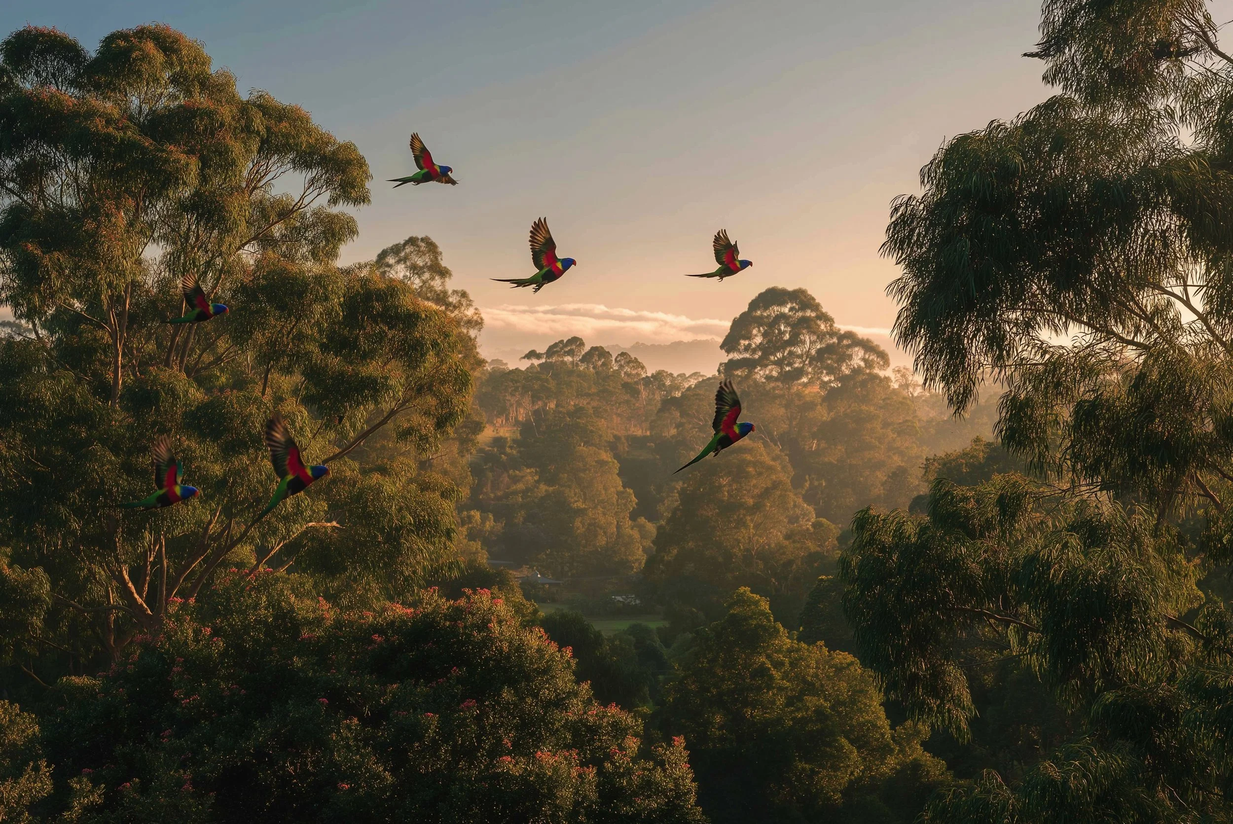 Colorful parrots flying over a lush green forest at sunset with trees and a warm sky in the background.