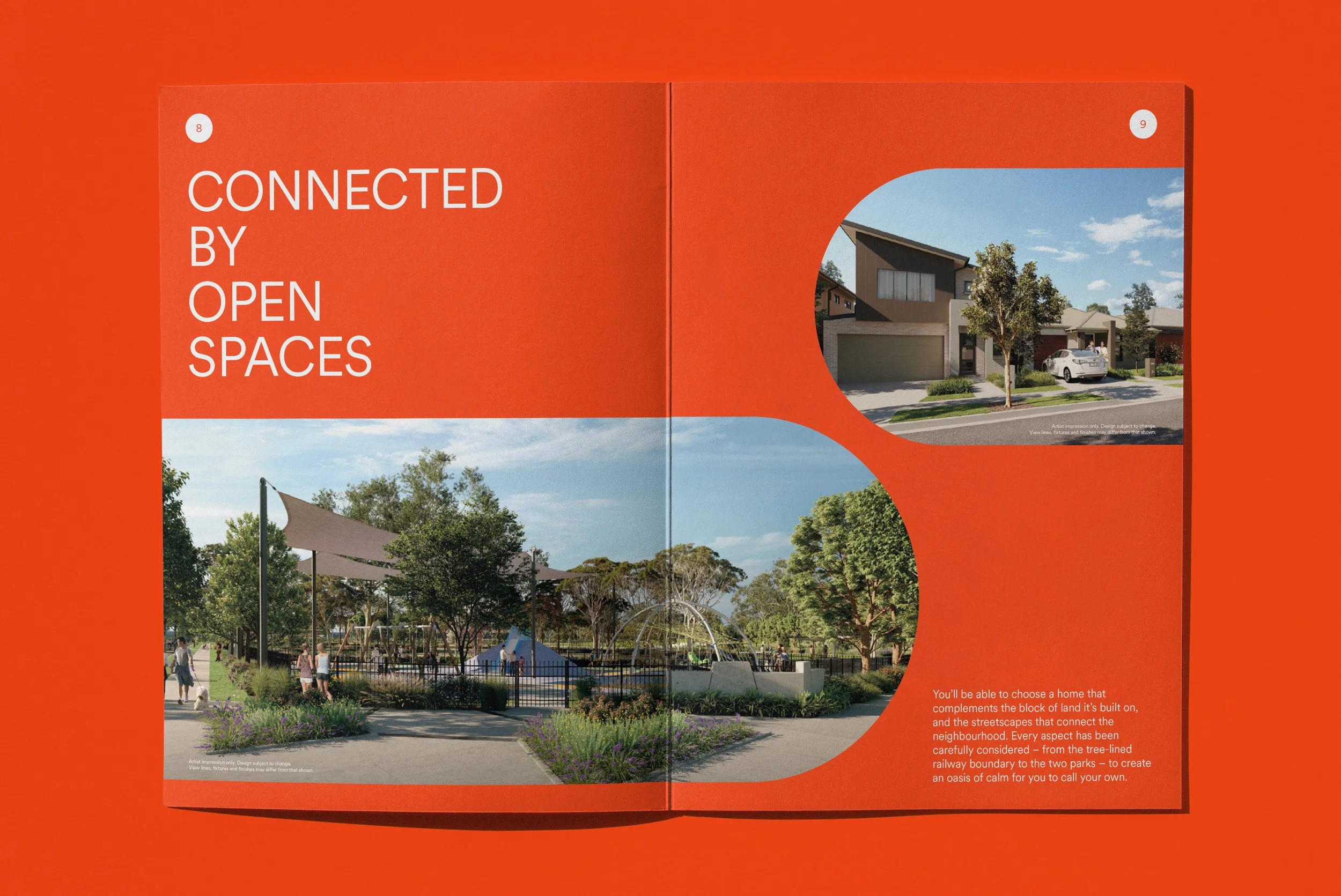 A brochure or magazine spread promoting an outdoor park with trees, pathways, a playground, and a residential area in the background. The pages have an orange background with text and images of the park.