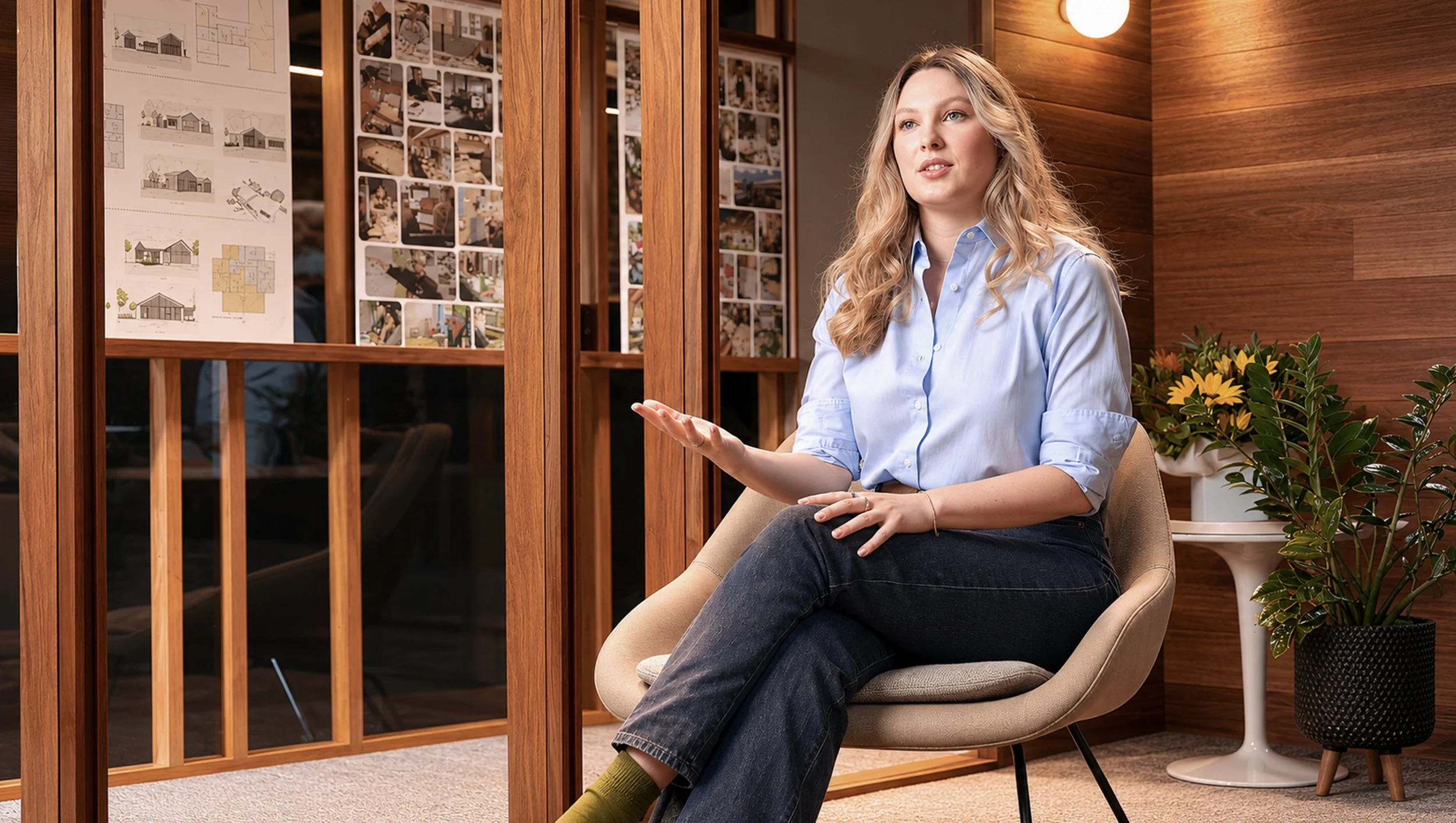 A woman with blonde hair wearing a blue shirt and jeans is sitting in a modern room with wooden walls, next to a potted plant, and looking at presentation boards with architectural plans and interior design photos.