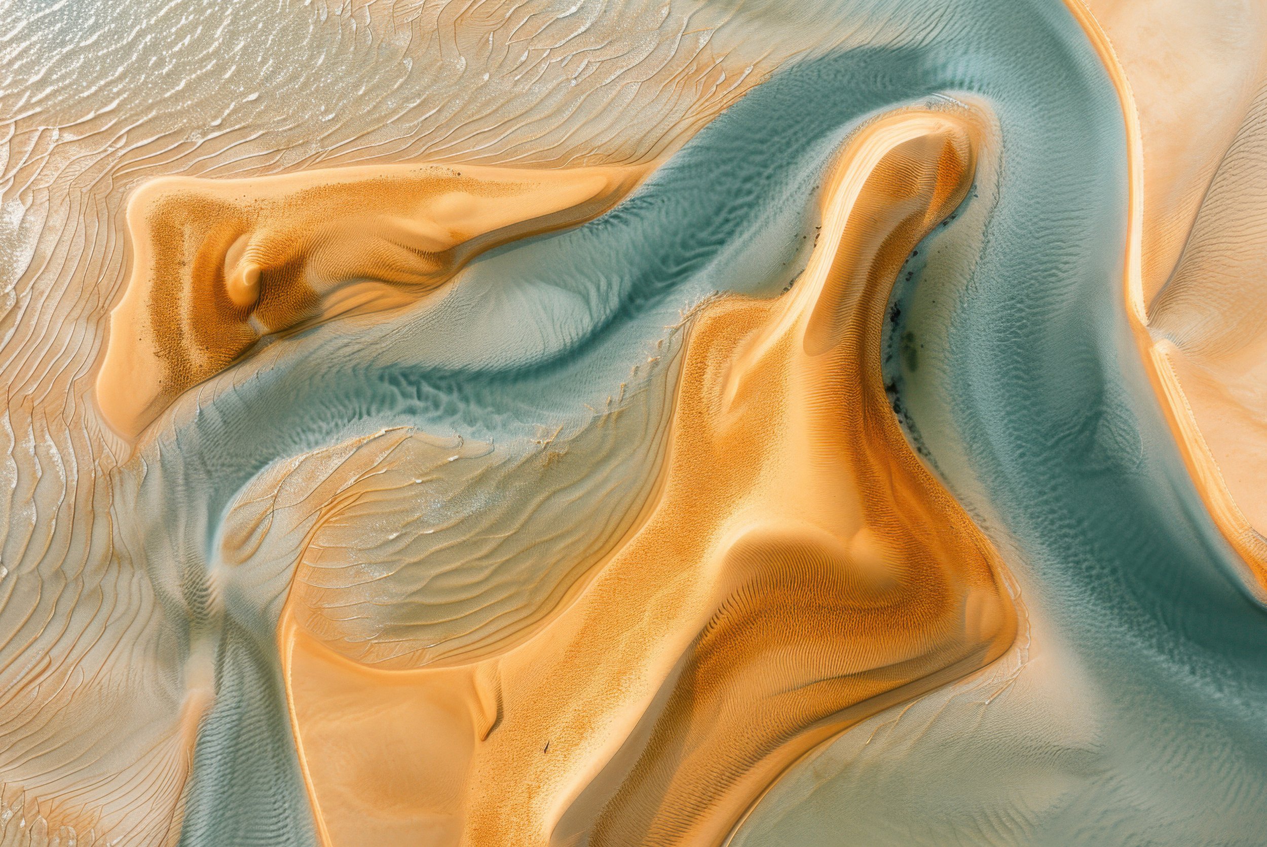Abstract aerial view of desert landscape with swirling sand dunes in shades of tan, beige, and light blue.