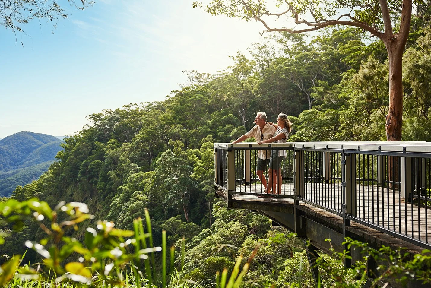 Two people, an older man and a woman, standing on a balcony overlooking a lush green forest and distant mountains.