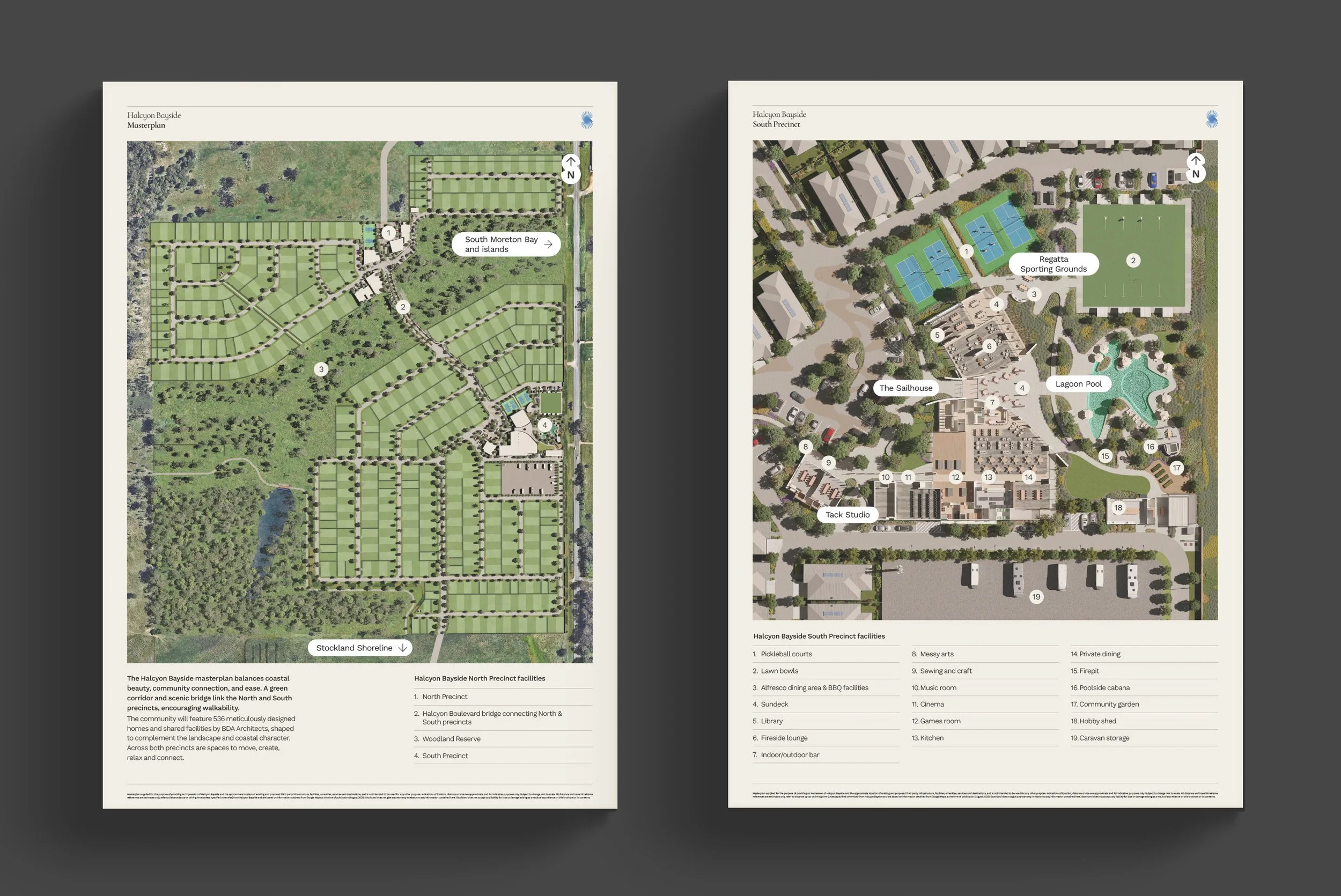Landscape layout plans of Halcyon Bayside community, including coastal features, residential areas, and community facilities like sporting grounds, pools, and parks, with labeled key features.