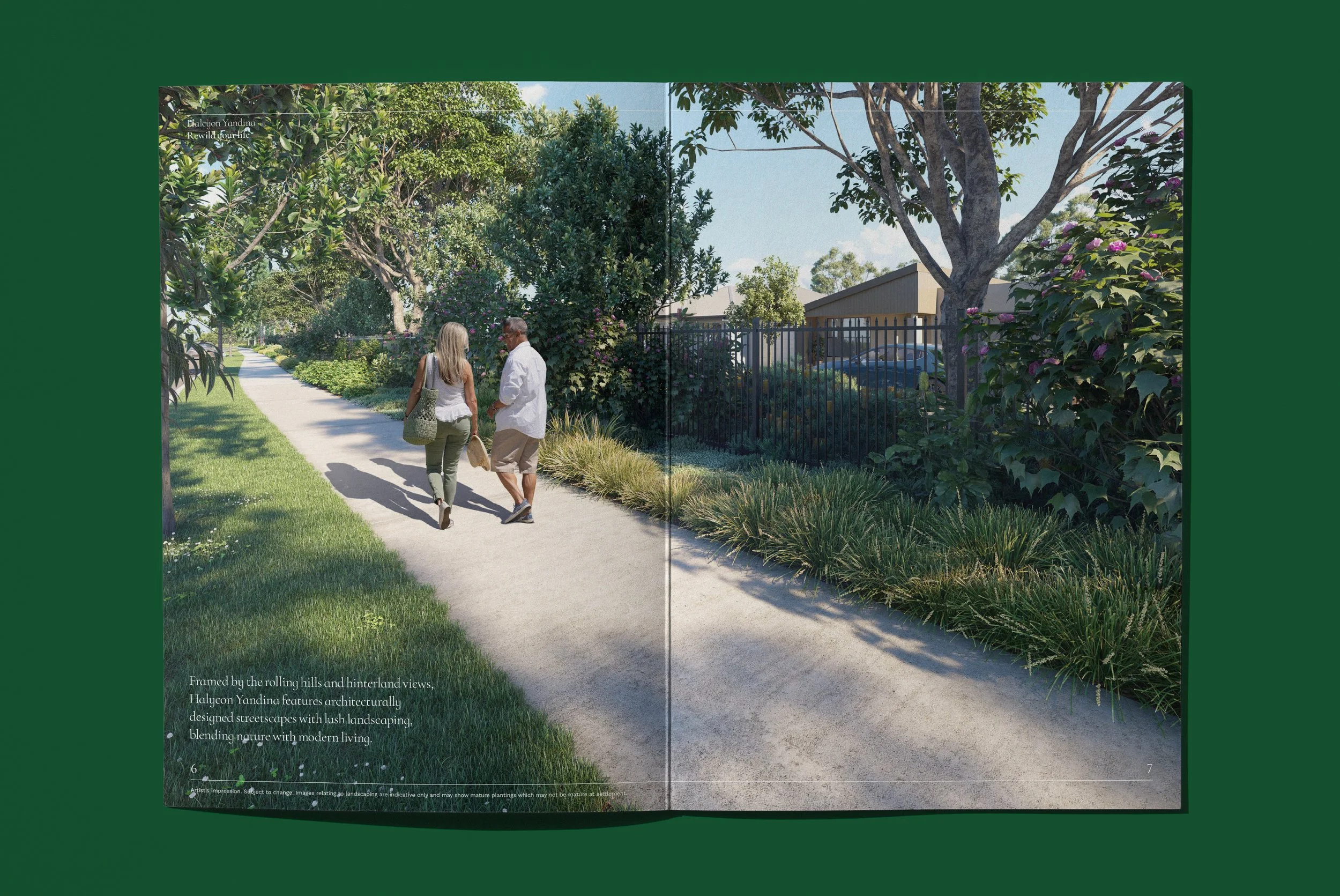 A digital rendering of a landscaped street scene with a sidewalk, lush greenery, trees, and two people walking and talking. The scene is framed by lush landscaping with a modern residential background.