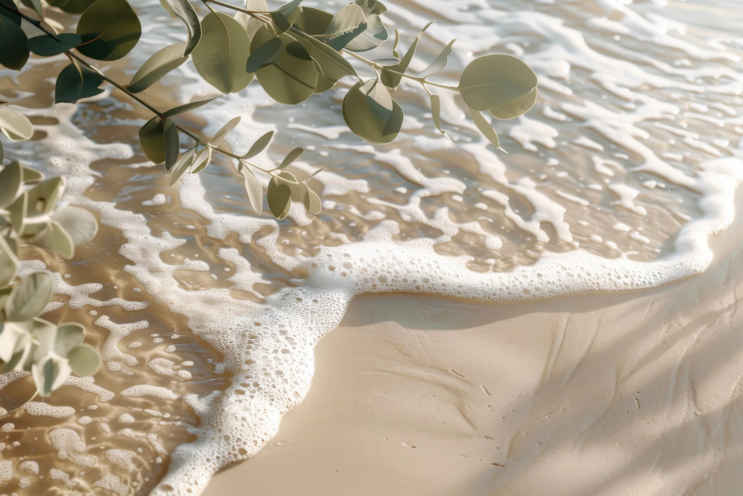 Eucalyptus leaves on sandy beach with foamy ocean waves in background.