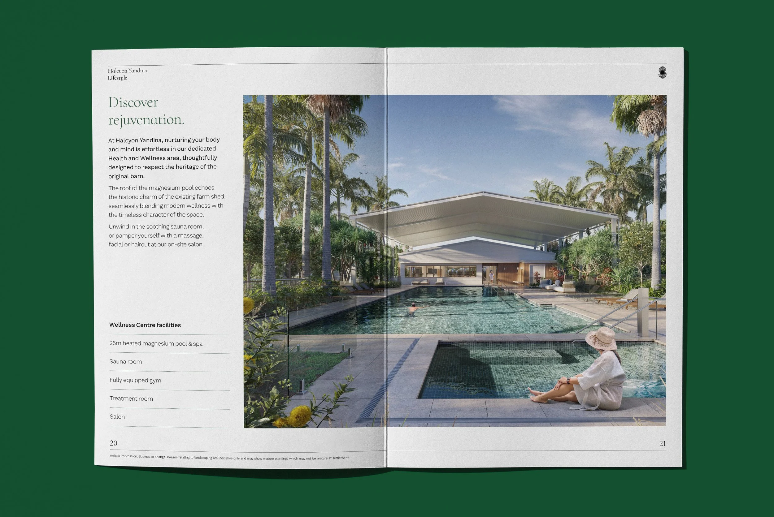 An open magazine showing a luxury wellness center with a swimming pool surrounded by tall palm trees and modern architecture, with a woman sitting by the pool.