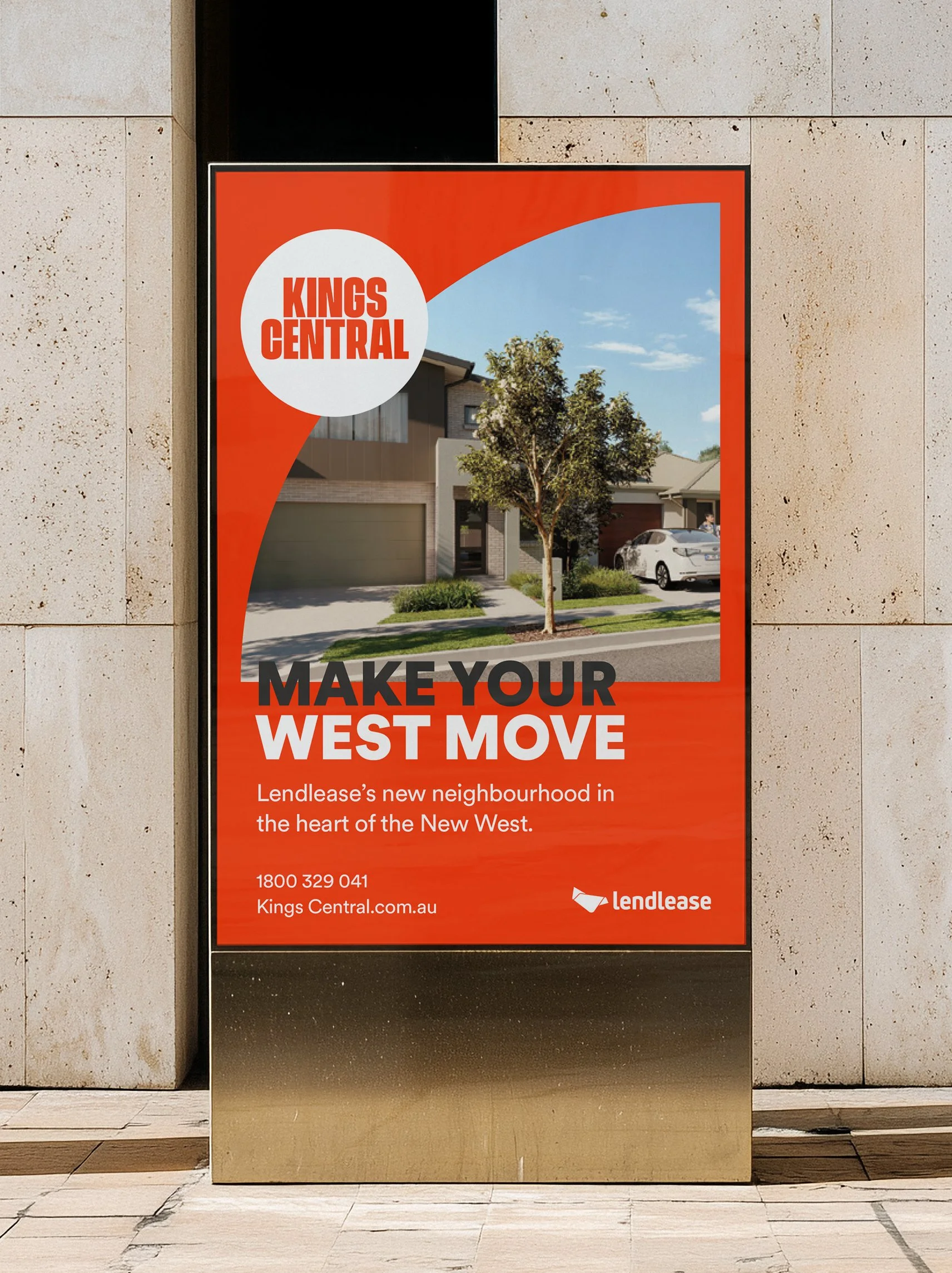 Real estate advertisement poster with bold red and black text, showing a modern house, a tree, and a parked car in a suburban neighborhood, promoting Kings Central's new neighborhood in the West.