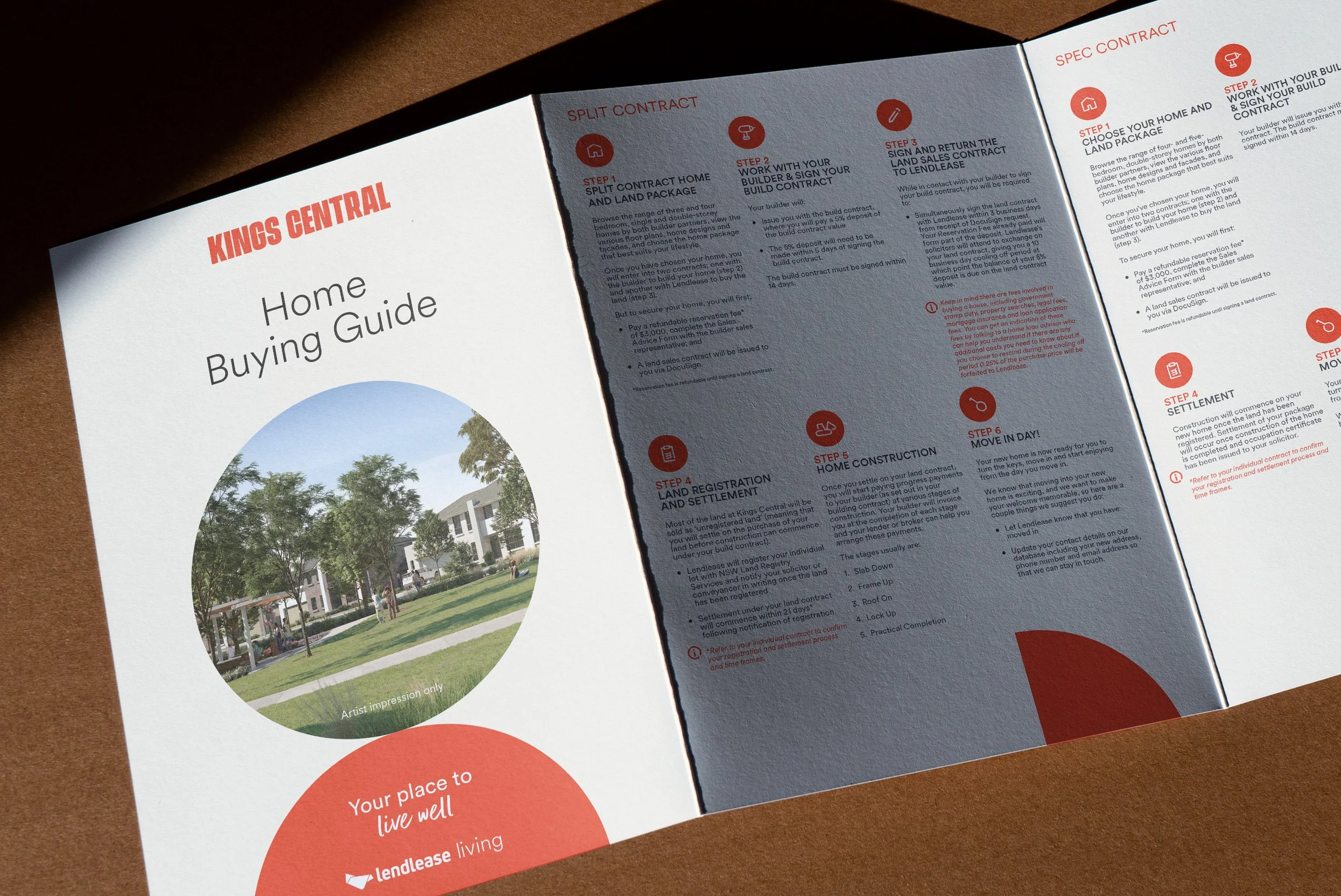 A brochure open to display a residential home buying guide and contract instructions, featuring text, icons, and a photo of a modern apartment complex with green lawn and trees.