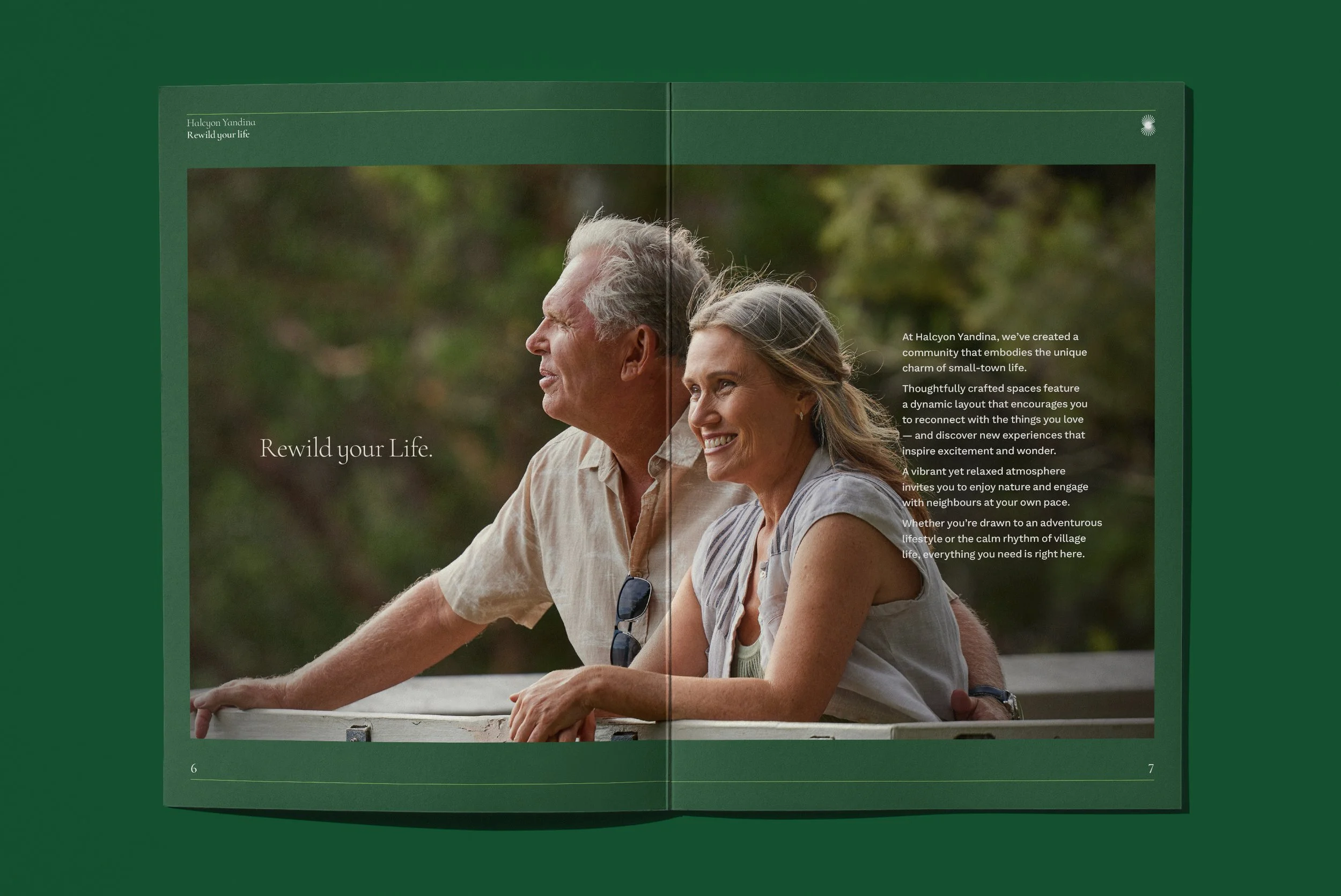 Open book with a photograph of an elderly man and woman smiling and looking into the distance, surrounded by a green background. The text on the page promotes community and reconnecting with nature.